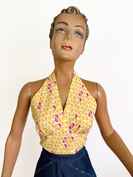 1950s Style Seahorse Novelty Print Halter Top | Size XS/S