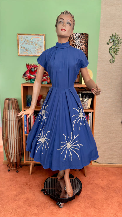 XS | 1950s Blue Gabardine Abstract Floral Appliqué Novelty Dress