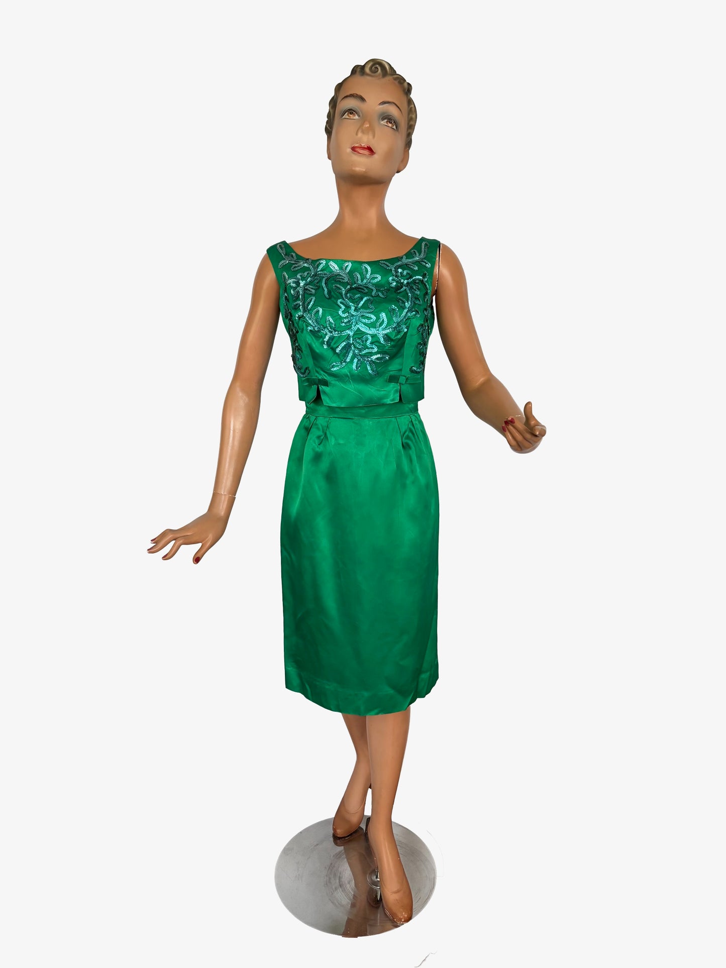 S | 1950s/60s Green Satin Cocktail Dress With Sequins