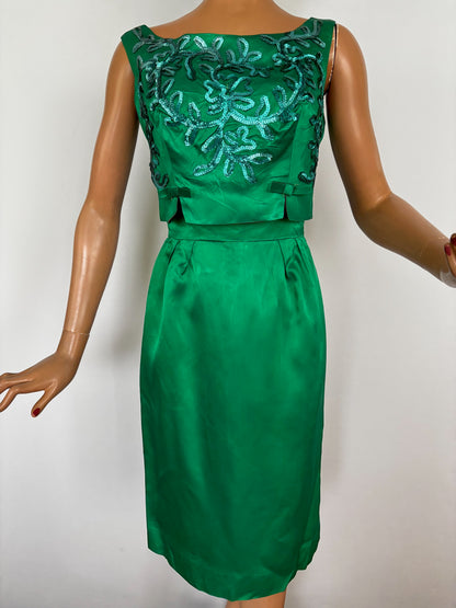 S | 1950s/60s Green Satin Cocktail Dress With Sequins