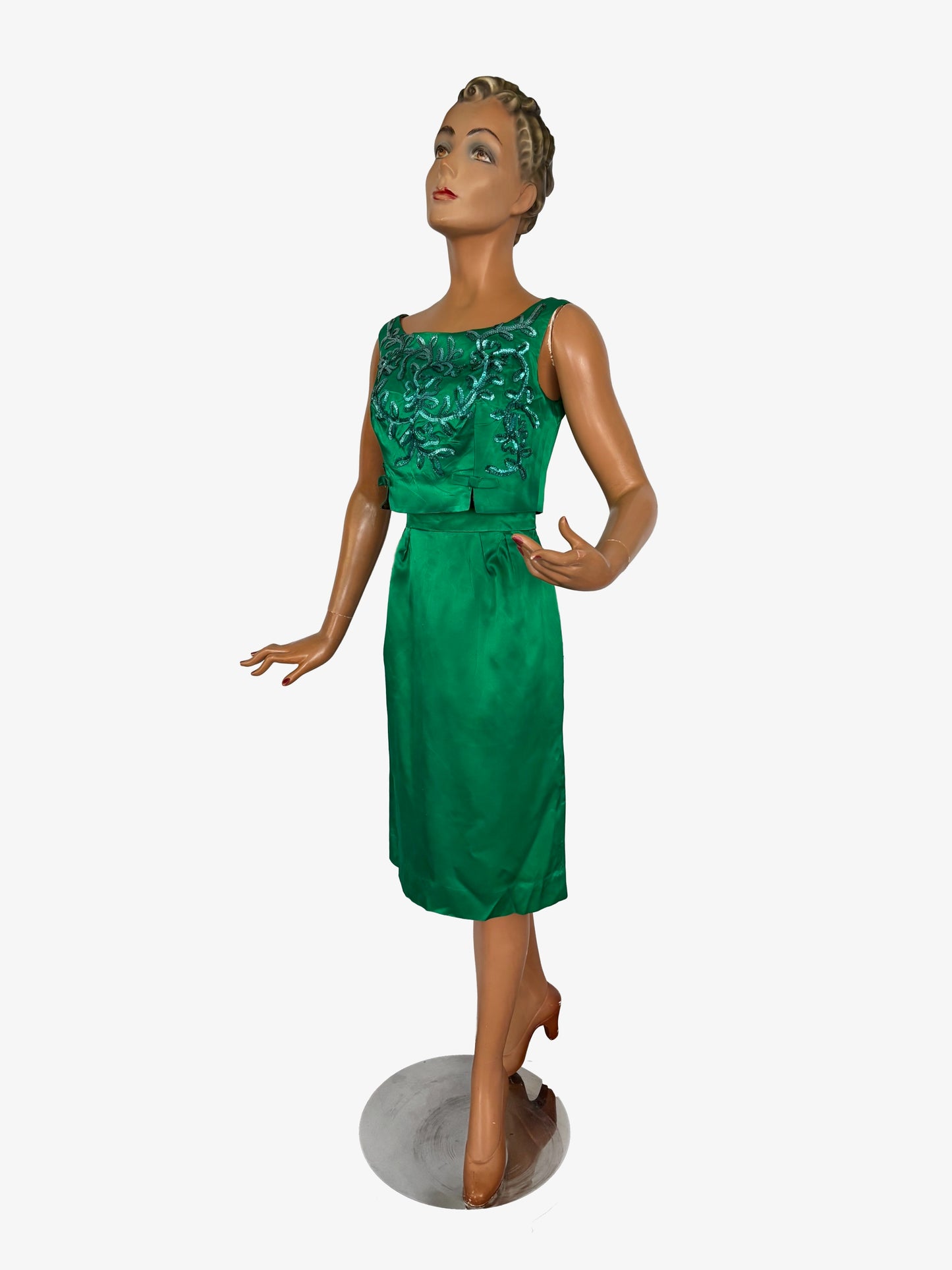 S | 1950s/60s Green Satin Cocktail Dress With Sequins