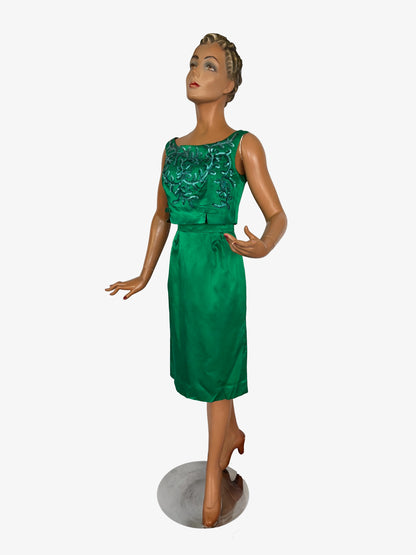 S | 1950s/60s Green Satin Cocktail Dress With Sequins