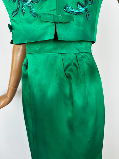 S | 1950s/60s Green Satin Cocktail Dress With Sequins