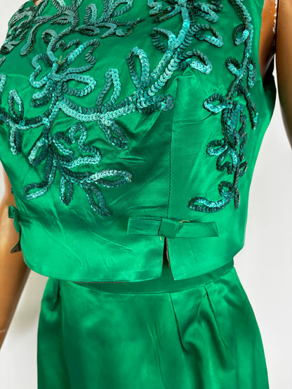 S | 1950s/60s Green Satin Cocktail Dress With Sequins