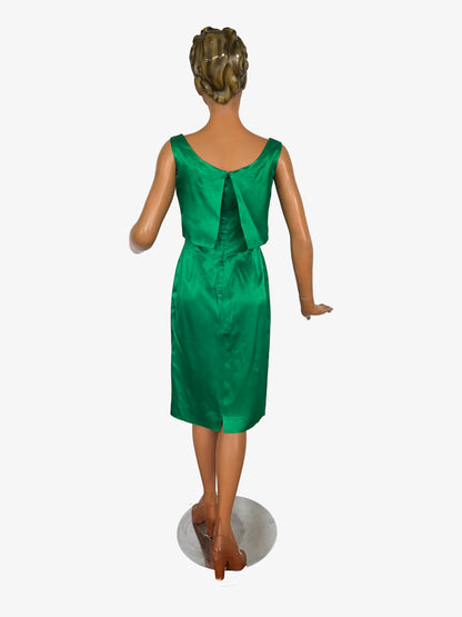 S | 1950s/60s Green Satin Cocktail Dress With Sequins