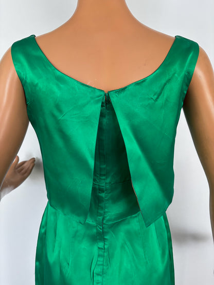 S | 1950s/60s Green Satin Cocktail Dress With Sequins
