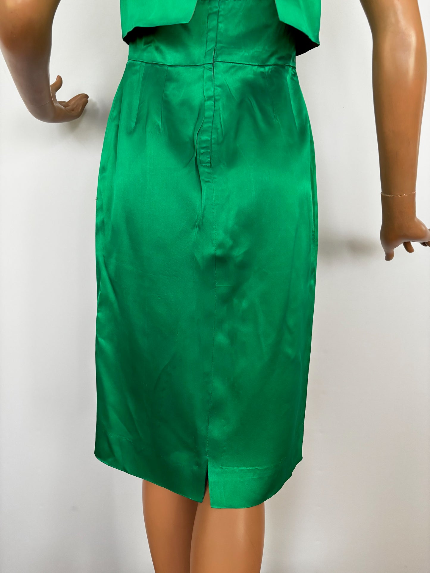S | 1950s/60s Green Satin Cocktail Dress With Sequins
