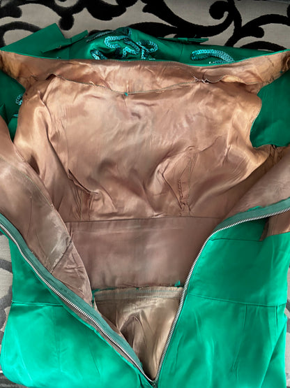 S | 1950s/60s Green Satin Cocktail Dress With Sequins