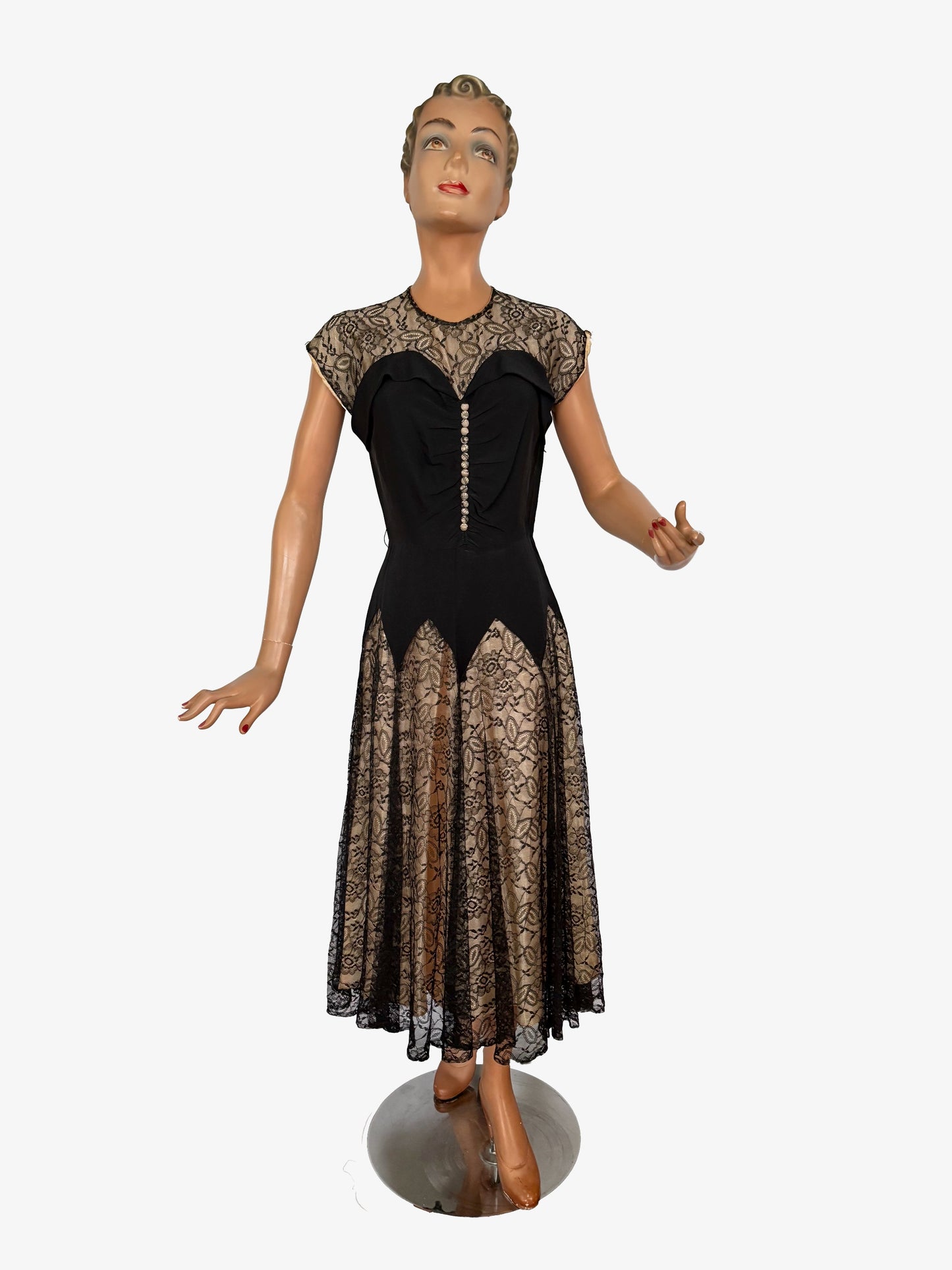 XS | 1940s Black Crepe Dress With Lace Over Nude Lining