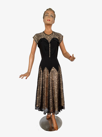 XS | 1940s Black Crepe Dress With Lace Over Nude Lining