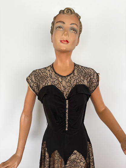 XS | 1940s Black Crepe Dress With Lace Over Nude Lining
