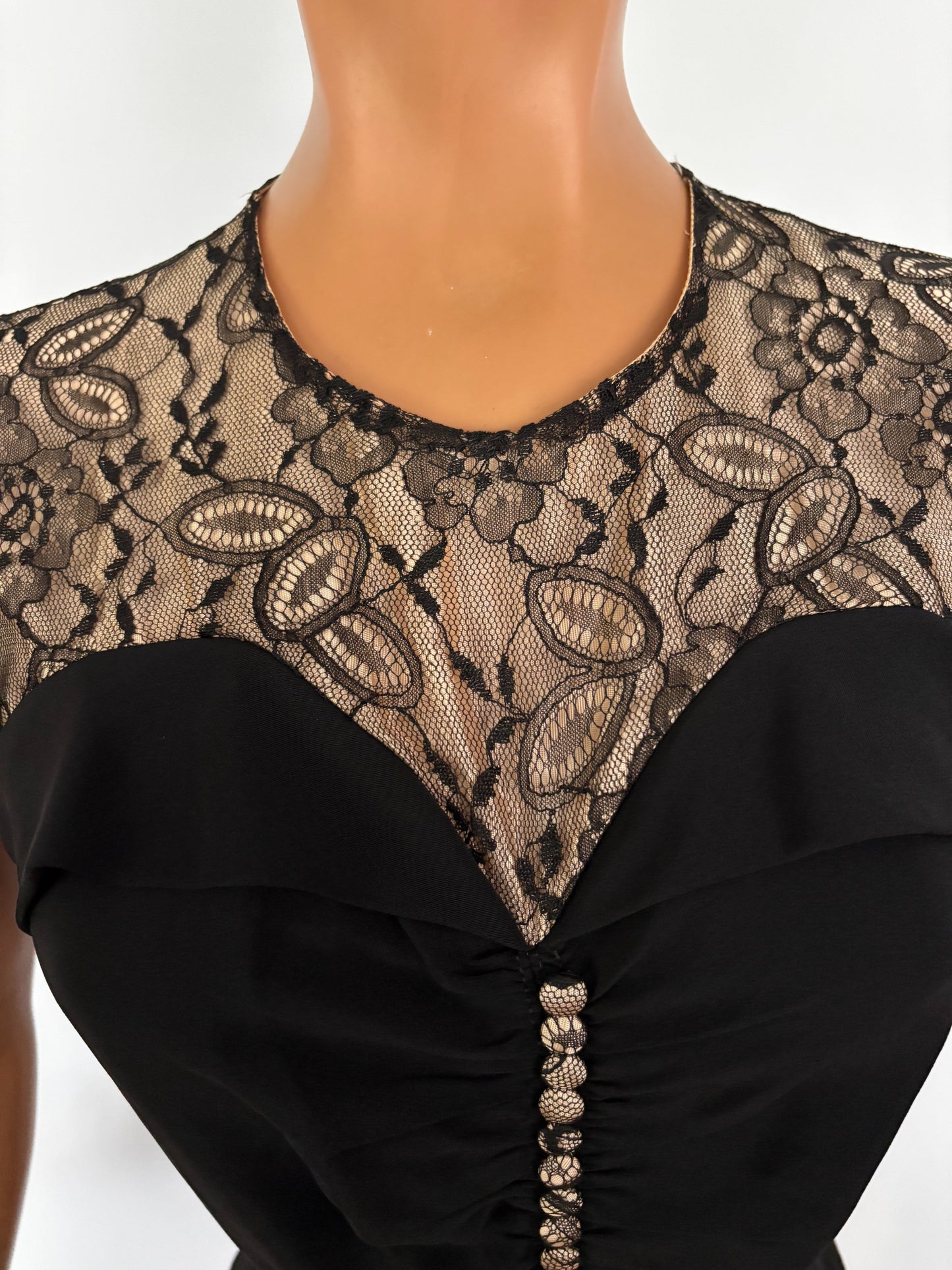 XS | 1940s Black Crepe Dress With Lace Over Nude Lining