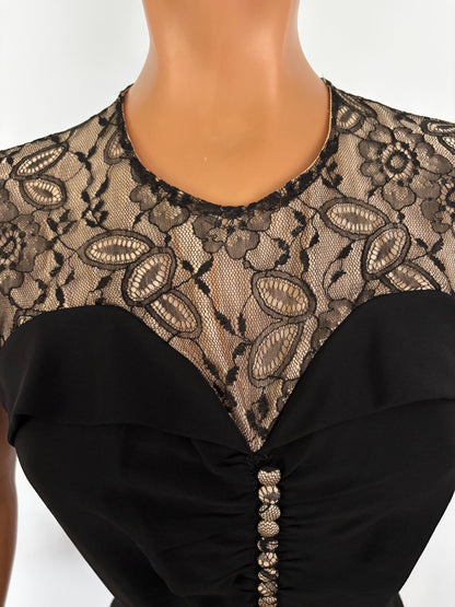 XS | 1940s Black Crepe Dress With Lace Over Nude Lining