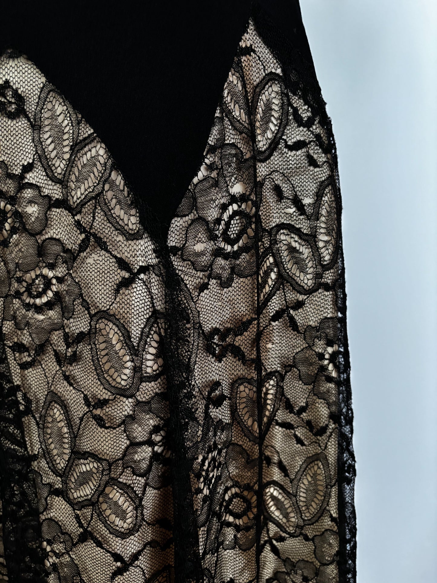 XS | 1940s Black Crepe Dress With Lace Over Nude Lining