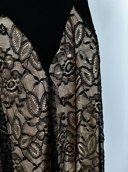 XS | 1940s Black Crepe Dress With Lace Over Nude Lining