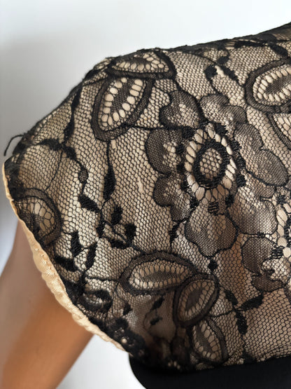 XS | 1940s Black Crepe Dress With Lace Over Nude Lining