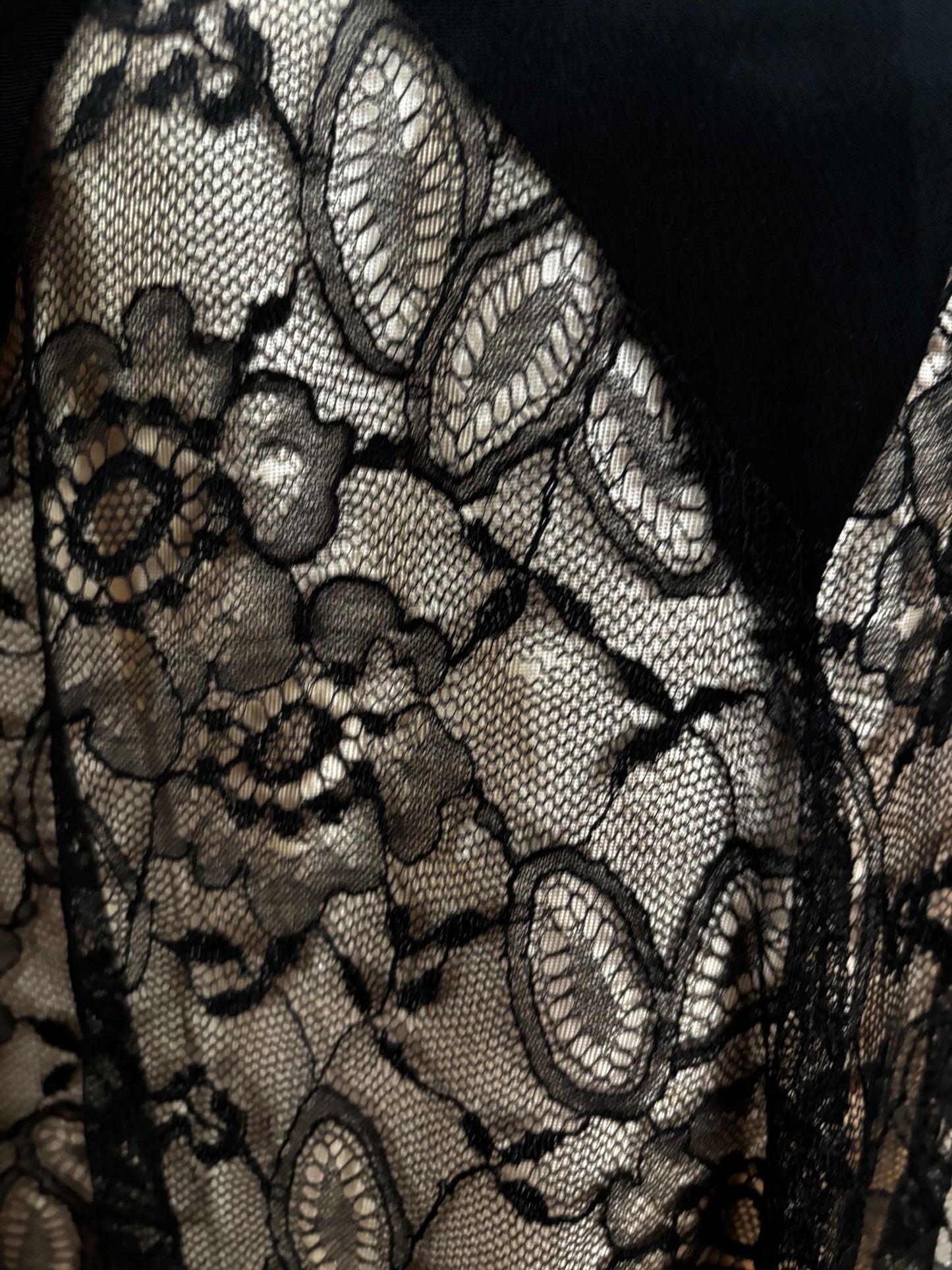 XS | 1940s Black Crepe Dress With Lace Over Nude Lining