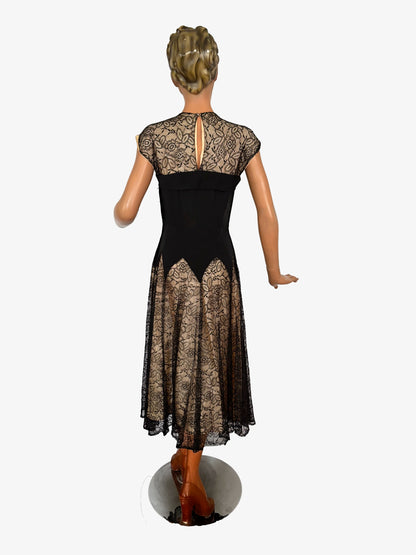 XS | 1940s Black Crepe Dress With Lace Over Nude Lining