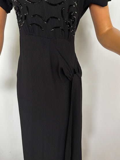 M/L | 1930s Black Crepe Sequin Sarong Dress