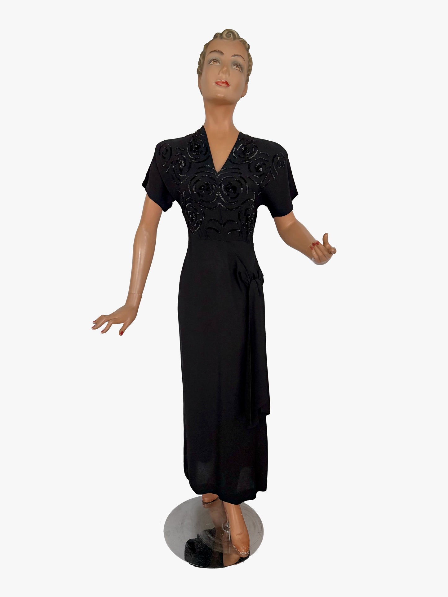 M/L | 1930s Black Crepe Sequin Sarong Dress