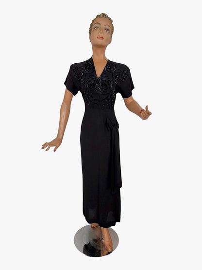 M/L | 1930s Black Crepe Sequin Sarong Dress