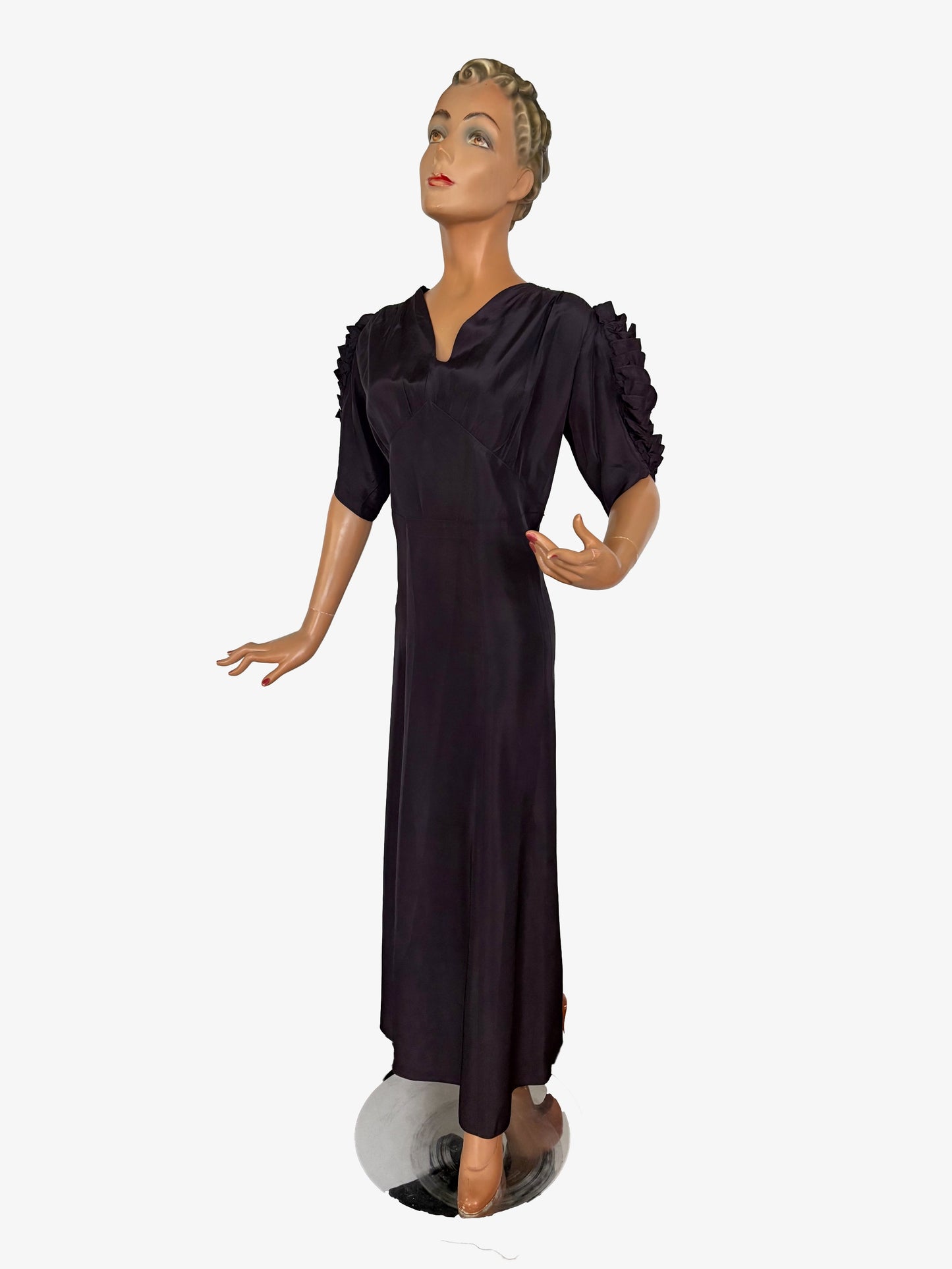 XL | Late 1930s Evening Dress With Ruched Sleeves
