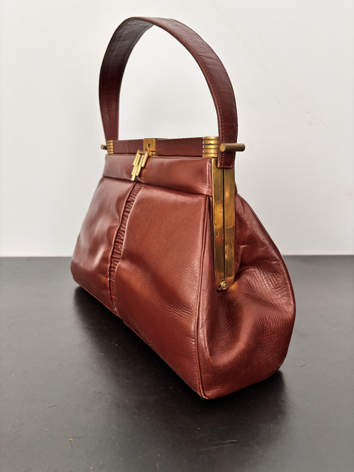 1930s/40s Brown Leather Art Deco Handbag