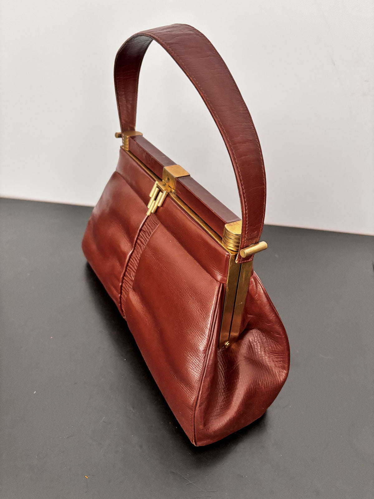 1930s/40s Brown Leather Art Deco Handbag