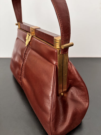 1930s/40s Brown Leather Art Deco Handbag