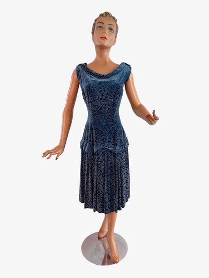 XS/S | Late 1930s Blue Devoré Velvet Dress With Metallic Pattern