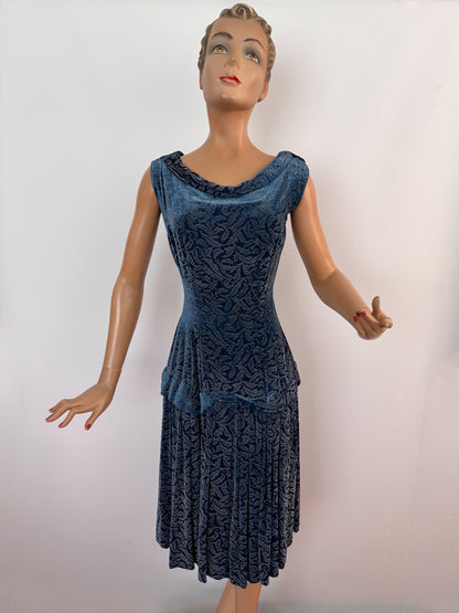 XS/S | Late 1930s Blue Devoré Velvet Dress With Metallic Pattern