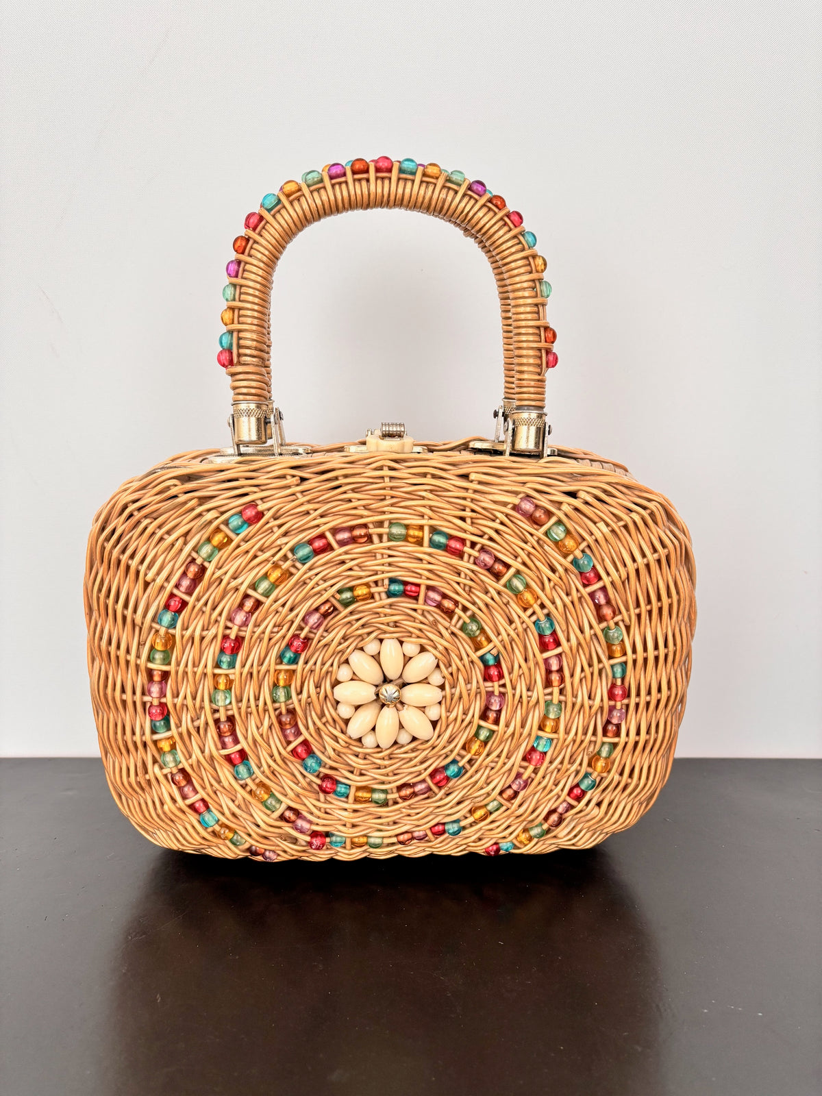 1960s Beaded Wicker Handbag