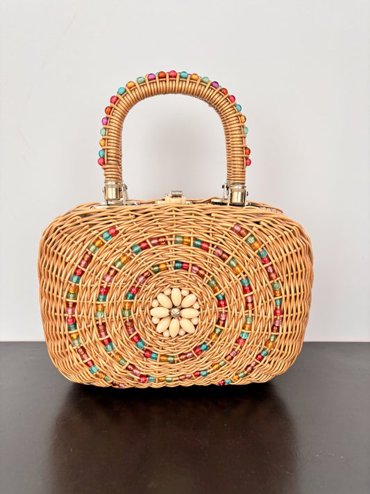 1960s Beaded Wicker Handbag