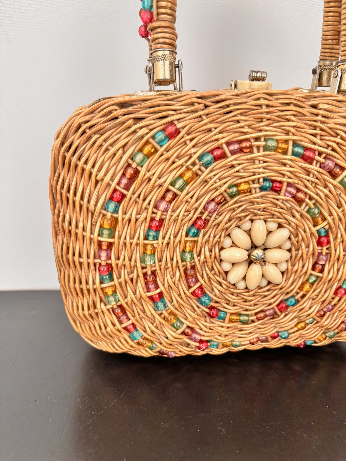 1960s Beaded Wicker Handbag