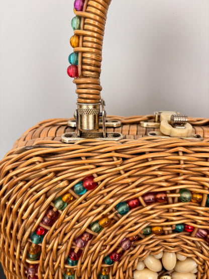 1960s Beaded Wicker Handbag
