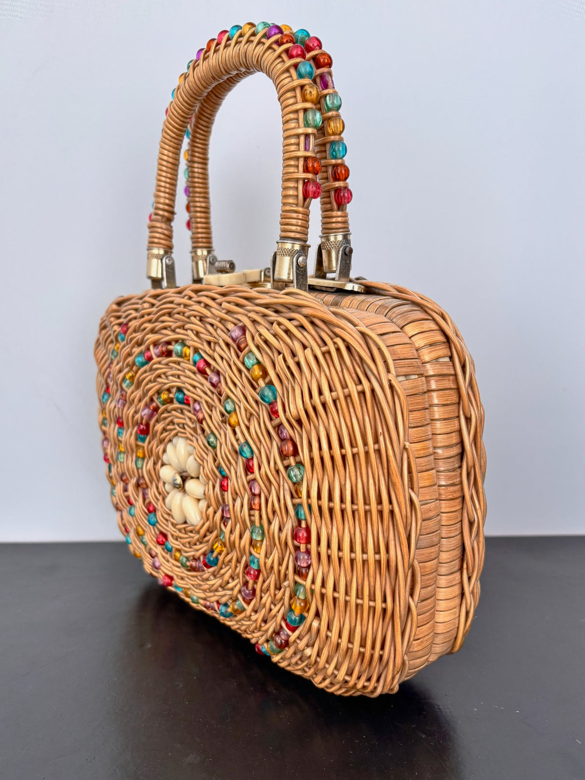 1960s Beaded Wicker Handbag