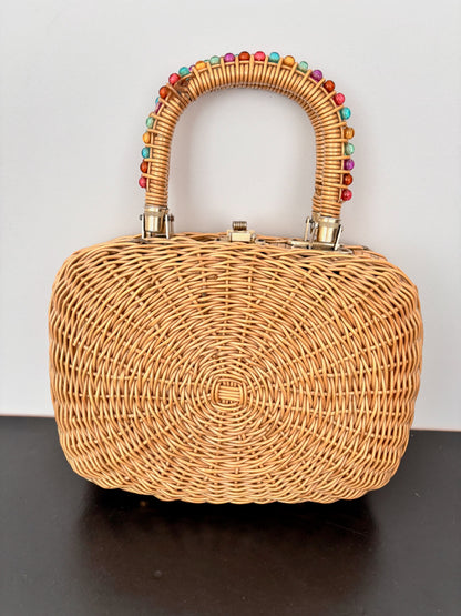 1960s Beaded Wicker Handbag