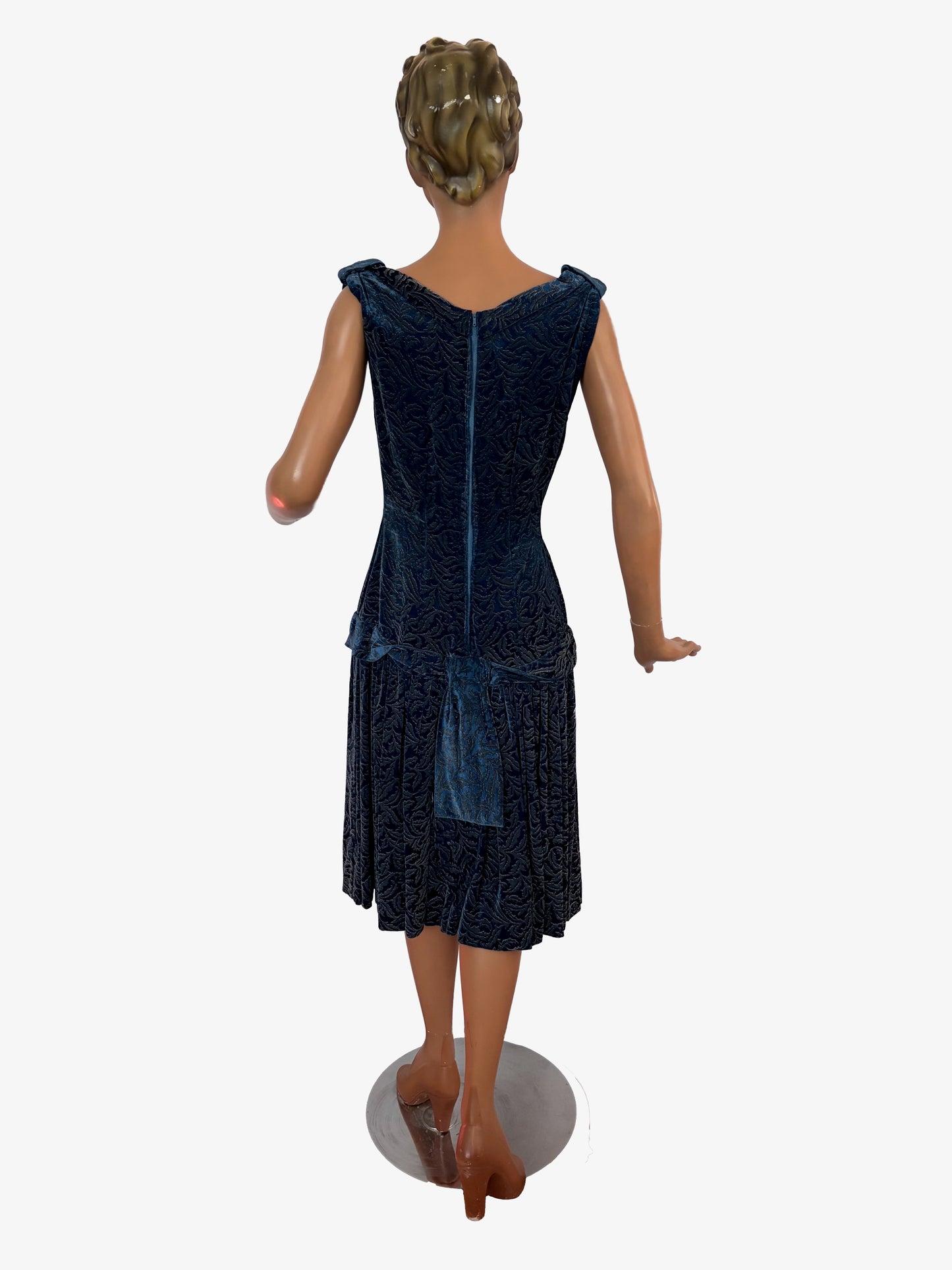 XS/S | Late 1930s Blue Devoré Velvet Dress With Metallic Pattern
