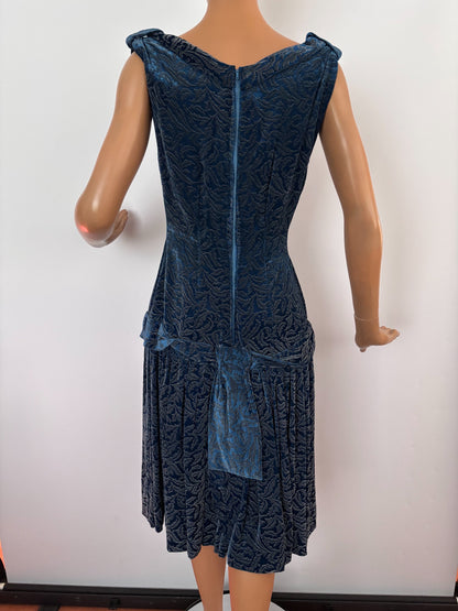 XS/S | Late 1930s Blue Devoré Velvet Dress With Metallic Pattern
