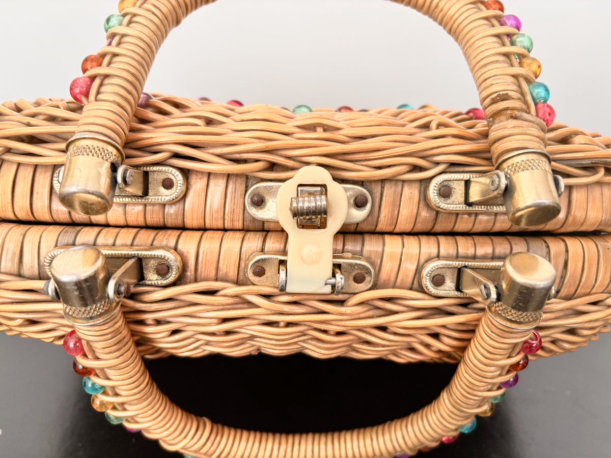 1960s Beaded Wicker Handbag
