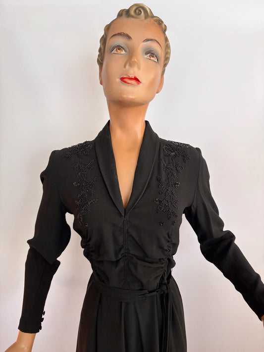L | 1940s 1950s Black Crepe Beaded Dress