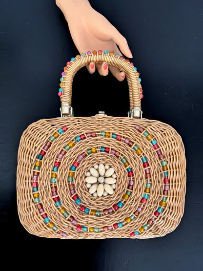 1960s Beaded Wicker Handbag