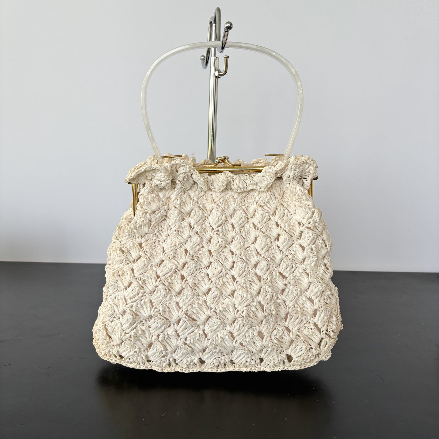 1950s Raffia Handbag with Lucite Handle