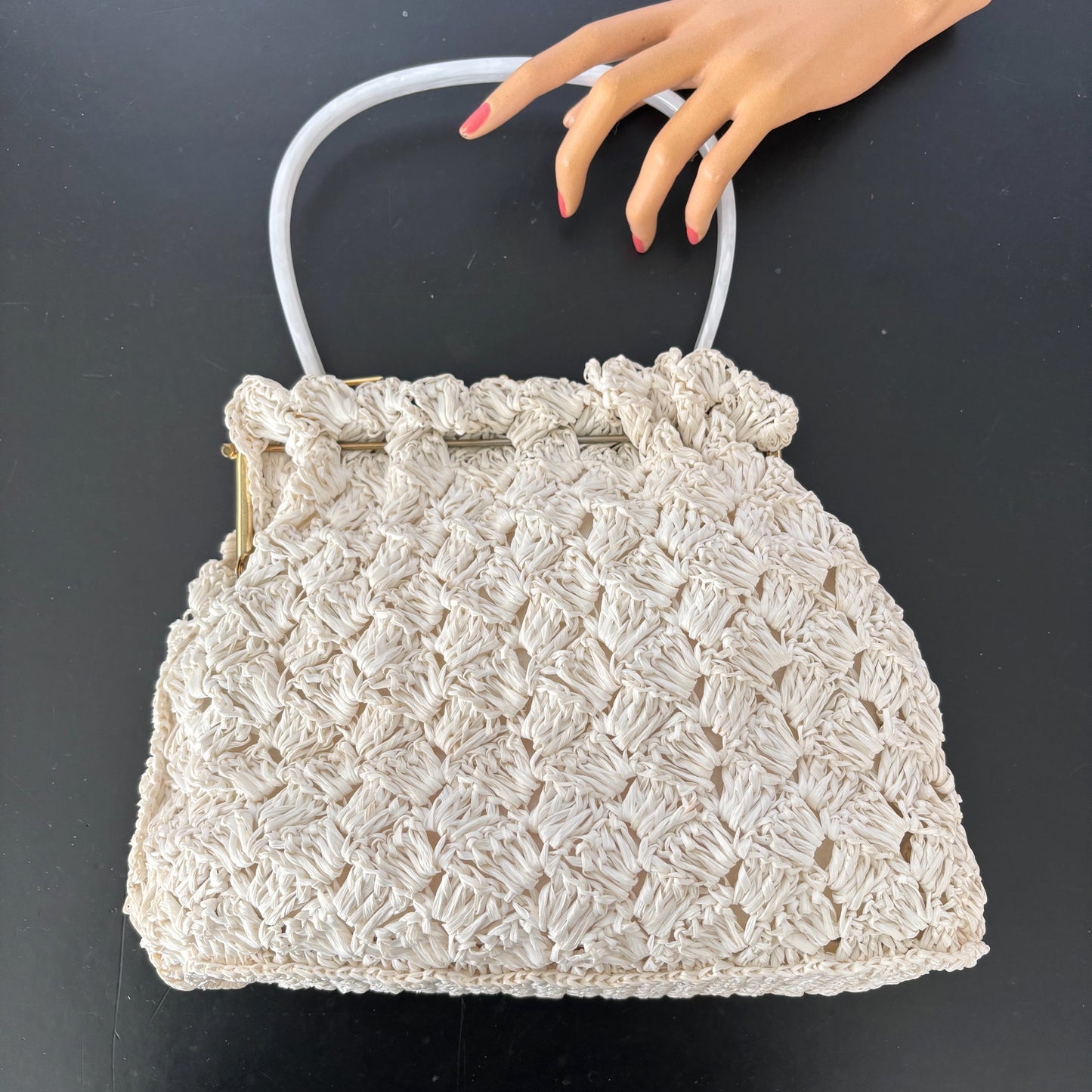 1950s Raffia Handbag with Lucite Handle