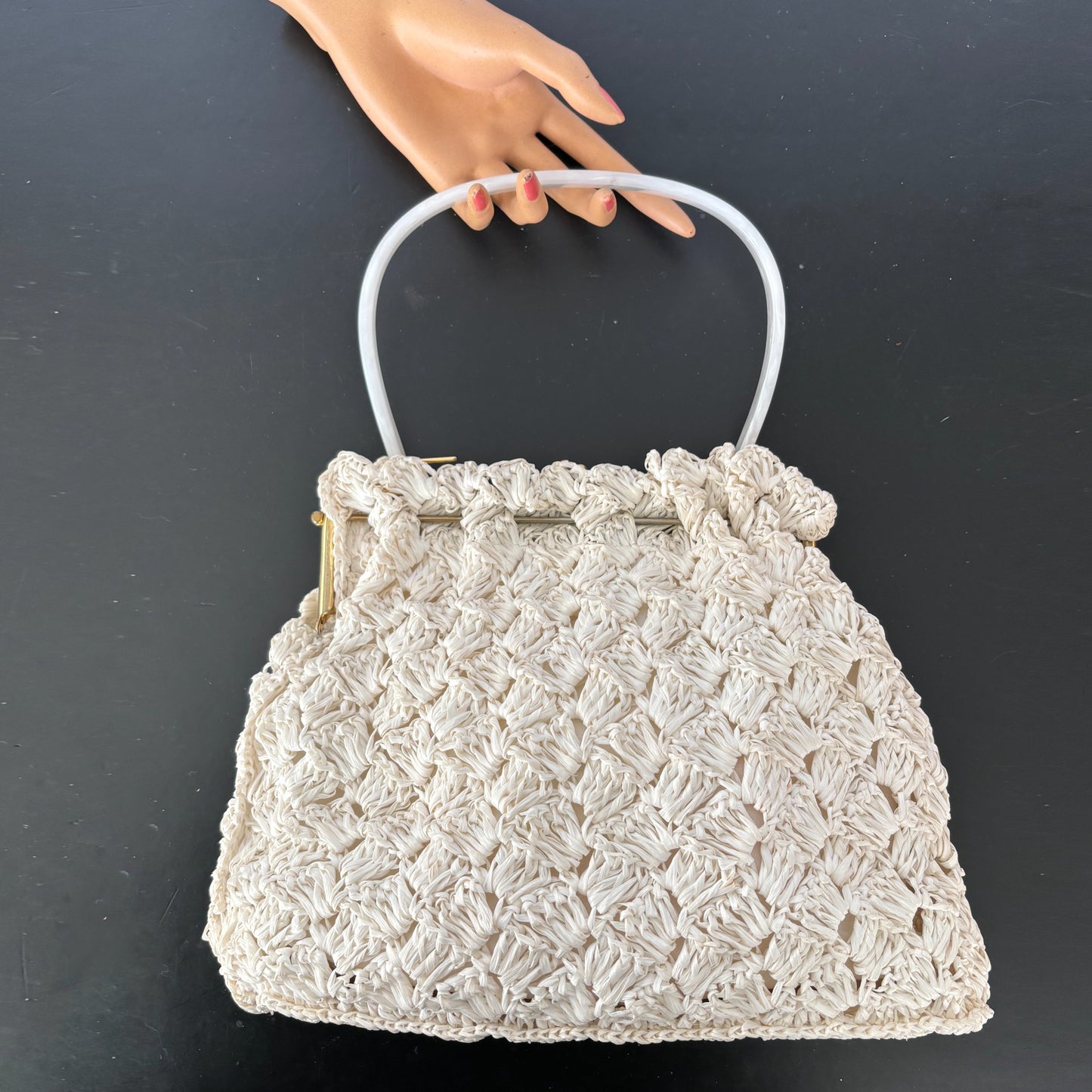 1950s Raffia Handbag with Lucite Handle