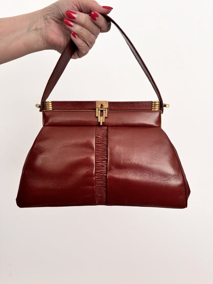 1930s/40s Brown Leather Art Deco Handbag