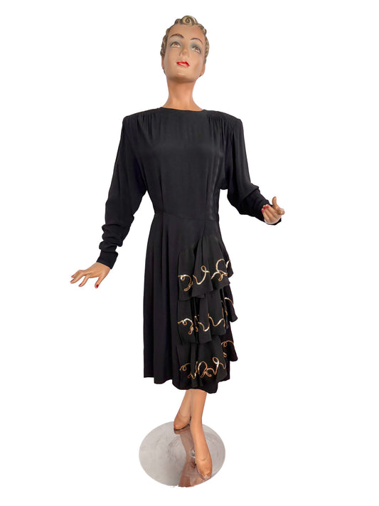XS/S |1940s Symphony Black Crepe Dress With Gold Sequin Embroidery