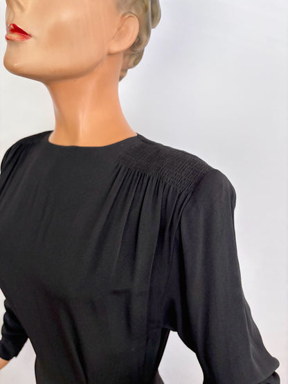 XS/S |1940s Symphony Black Crepe Dress With Gold Sequin Embroidery