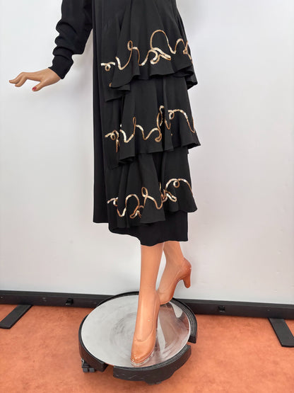 XS/S |1940s Symphony Black Crepe Dress With Gold Sequin Embroidery