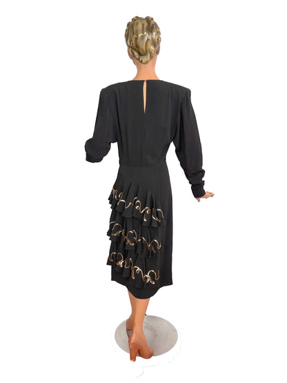 XS/S |1940s Symphony Black Crepe Dress With Gold Sequin Embroidery